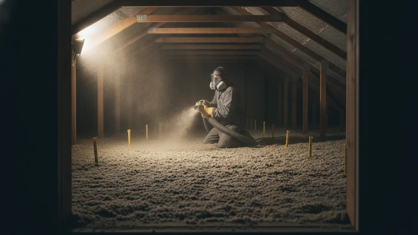 A worker in a respirator holding a blower hose in an attic with a fresh layer of insulation