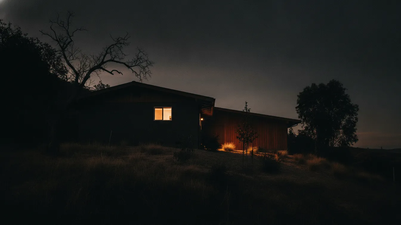 A Los Angeles bungalow at dusk with a warm light in the attic window