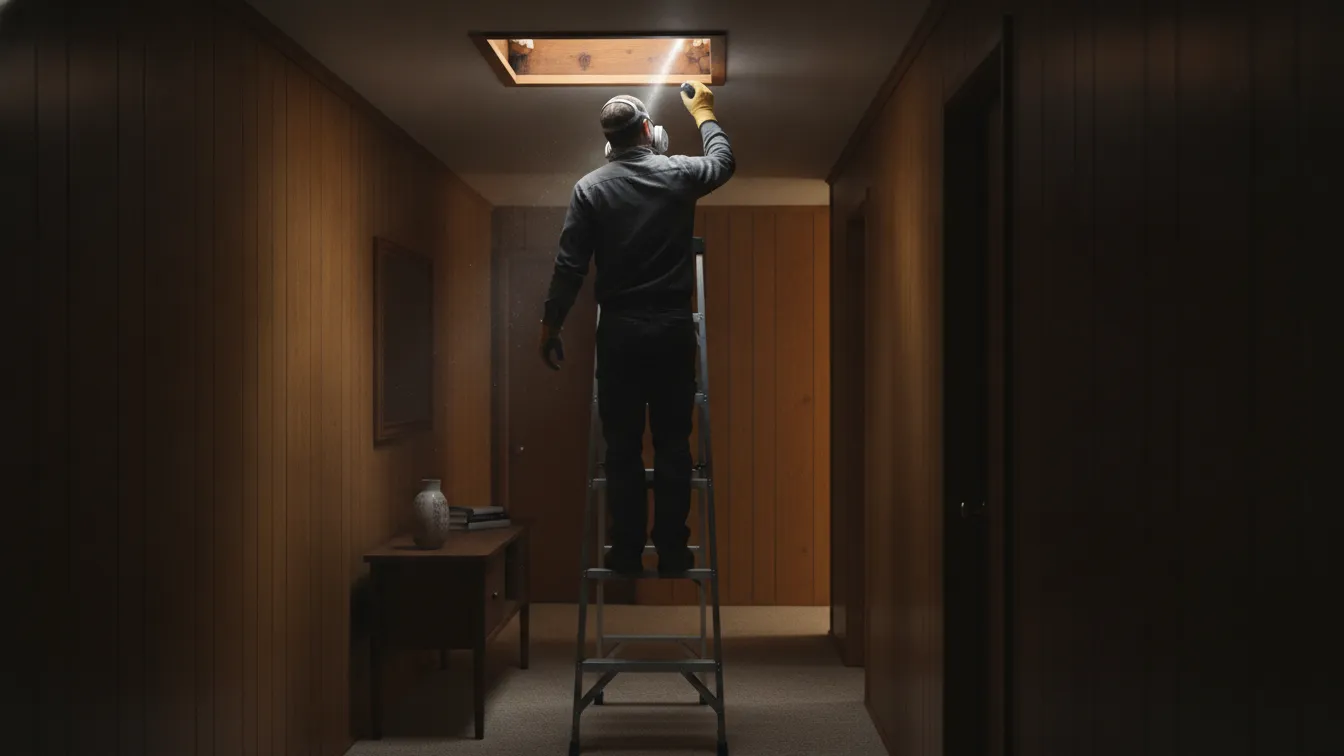 A worker at an attic hatch in a hallway with a flashlight