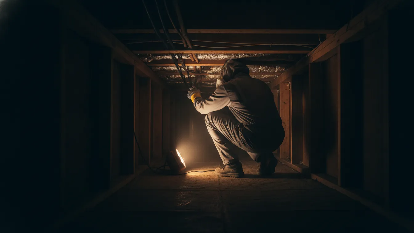 A worker in a respirator crouched in a crawl space under the floor joists