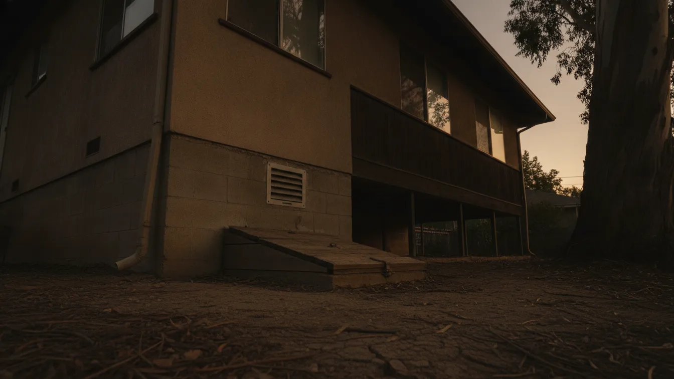 A raised house with a foundation vent and an access panel at dusk