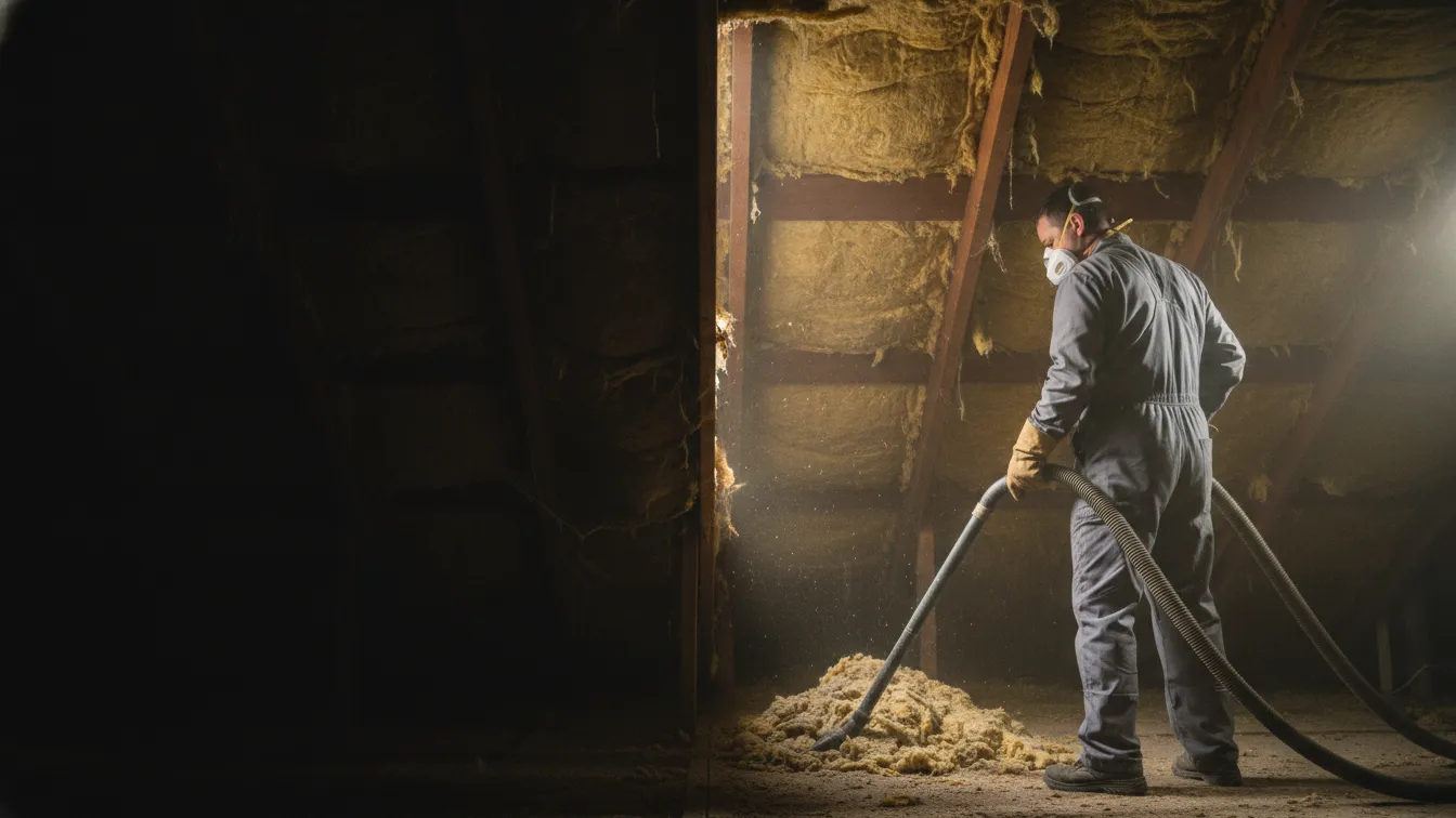 A worker in a respirator holding a vacuum hose in an attic