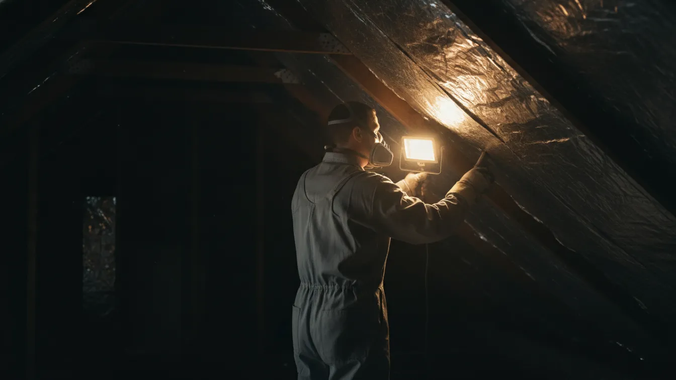 A worker in a respirator fastening reflective foil under the roof rafters
