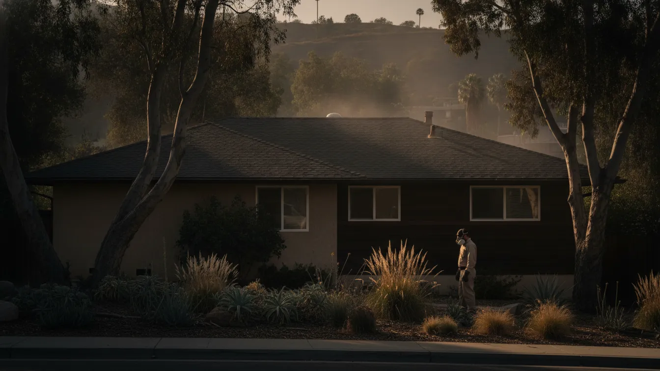 A hillside house with a dark roof in strong afternoon sun