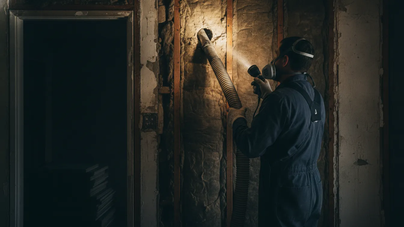 A worker in a respirator filling a wall cavity through a small hole