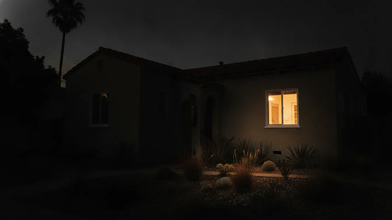 A stucco bungalow at dusk with a lit window